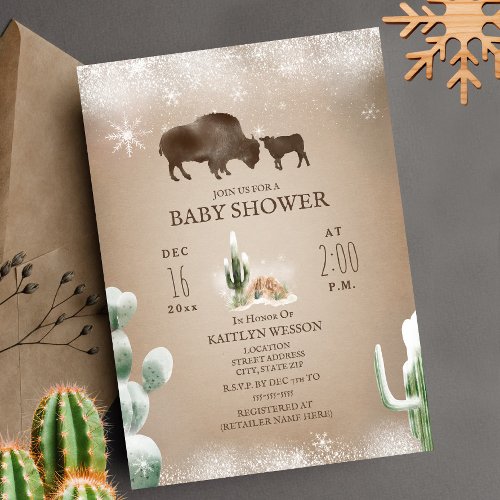Buffalo Bison Winter Desert Cactus Baby Shower Invitation