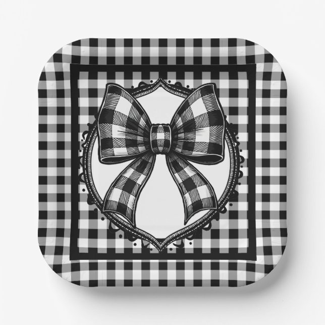 Buffalo Black Plaid Country Bow Paper Plates (Front)