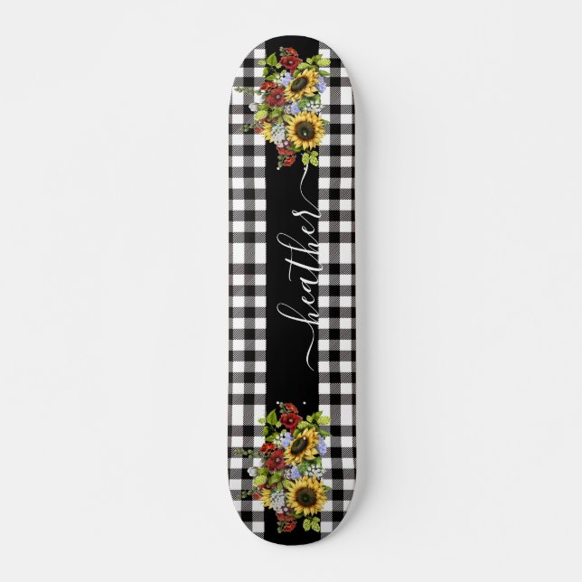 Buffalo Black White Sunflower Handwritten name  Skateboard (Front)