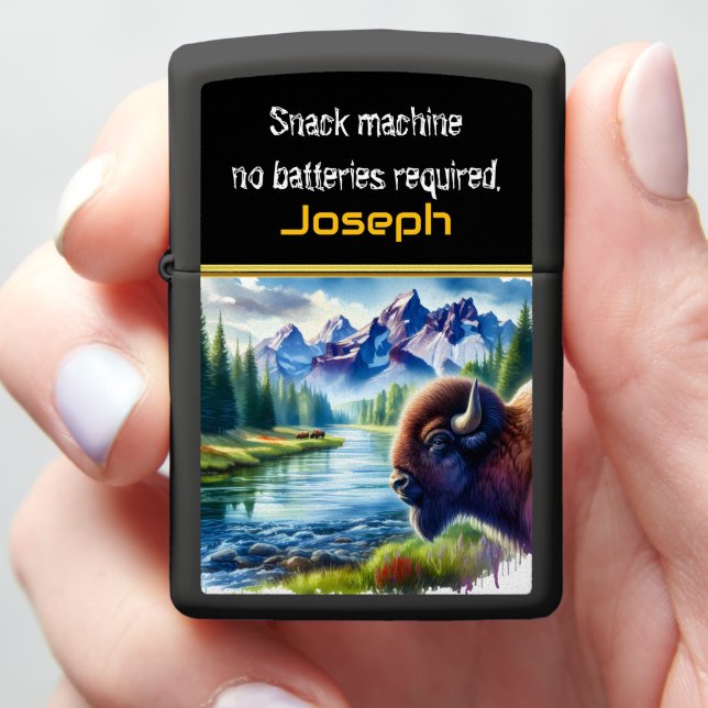 Buffalo by a Tranquil River at Dusk Zippo Lighter (In Hand)