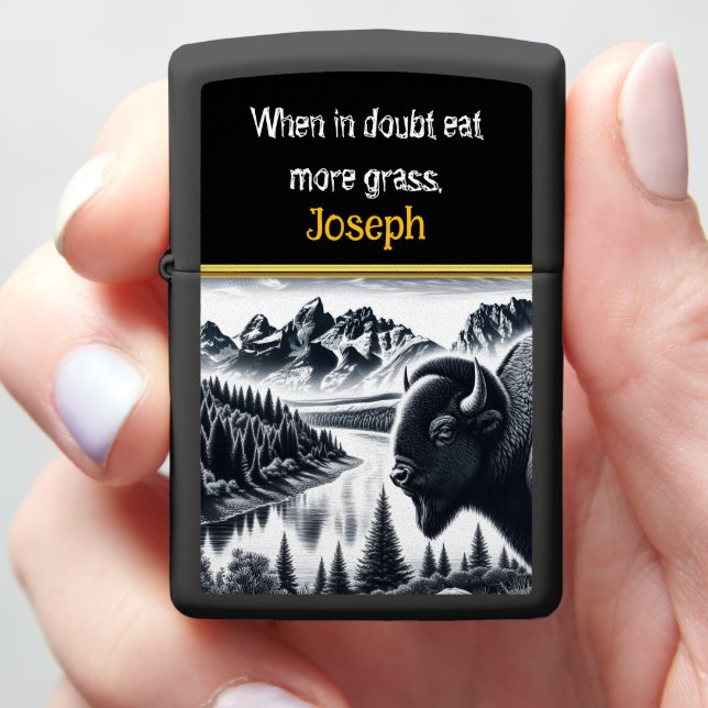 Buffalo by Mountains in Calm Landscape Zippo Lighter (In Hand)