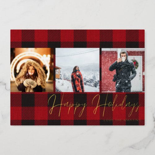 Buffalo Check 3 Photo Happy Holidays  Foil Invitation