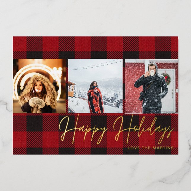 Buffalo Check 3 Photo Happy Holidays  Foil Invitation (Front)