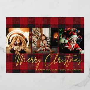 Buffalo Check 3 Photo Merry Christmas Foil Invitation