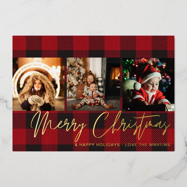 Buffalo Check 3 Photo Merry Christmas Foil Invitation (Front)