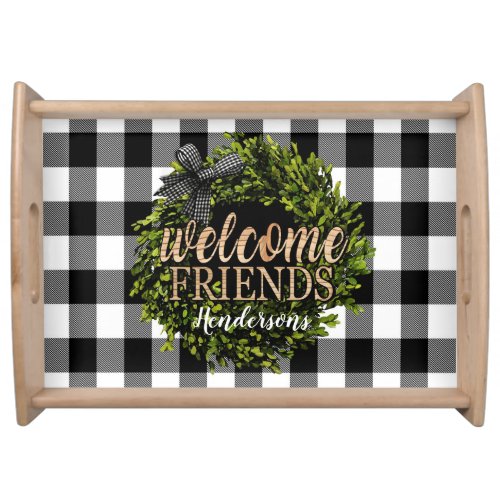 Buffalo Check Black and White Boxwood Wreath Serving Tray