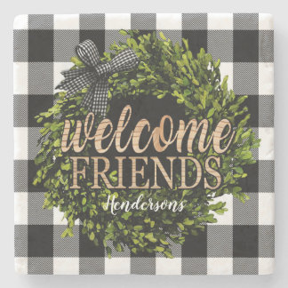Buffalo Check Black and White Boxwood Wreath Stone Coaster