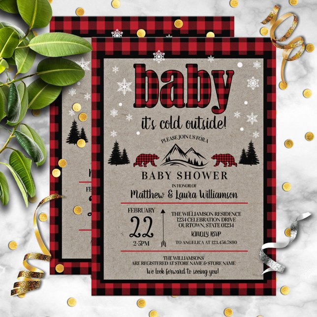 Buffalo Check Black Bear Baby Shower Invitation (Creator Uploaded)