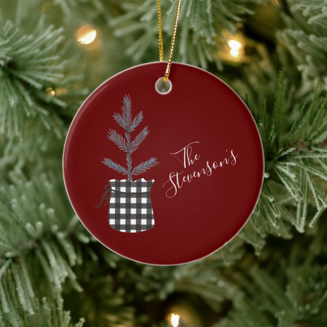 Buffalo Check Black Pine Tree Personalized Name Ceramic Ornament (Tree)