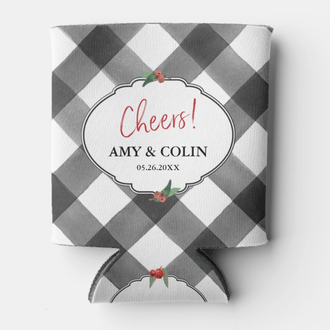 Buffalo Check Black & White Cheers Wedding Custom Can Cooler (Front)