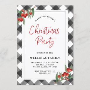 Buffalo Check Black & White Custom Christmas Party Invitation