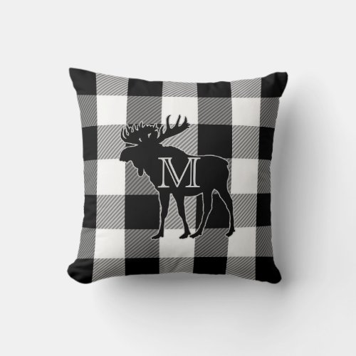 Buffalo Check Black White  Monogrammed Moose Throw Pillow
