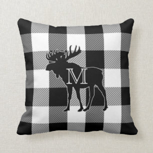 Buffalo Check Black White   Monogrammed Moose Throw Pillow