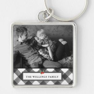 Buffalo Check Black & White Rustic Custom Photo Keychain