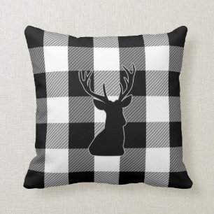 Buffalo Check Black White   Rustic Plaid Deer Throw Pillow