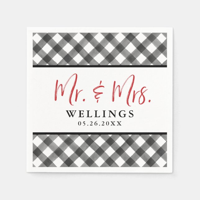 Buffalo Check Black White Wedding Custom Cocktail Napkins (Front)