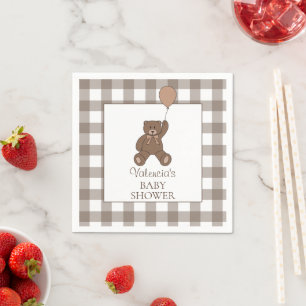 Buffalo Check Brown White Teddy Bear Baby Shower Napkins