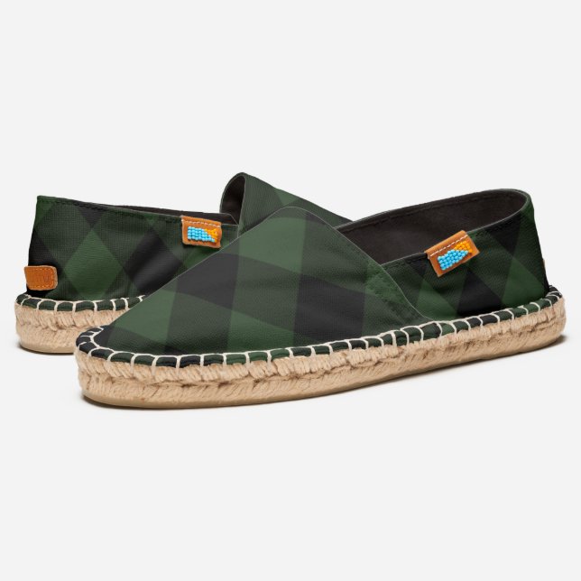 Buffalo Check Celtic Green and Black Squares Plaid Espadrilles (Angled)