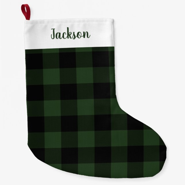 Buffalo Check Celtic Green and Black Squares Plaid Large Christmas Stocking (Front)