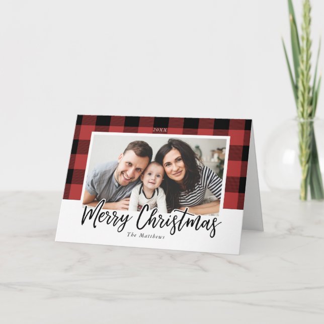 Buffalo Check Christmas Photo Greeting Card (Front)