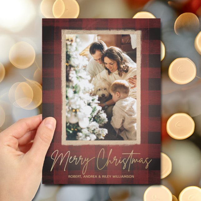 Buffalo Check Christmas Photo Holiday Card (Gold Merry Christmas on buffalo check photo holiday cards)