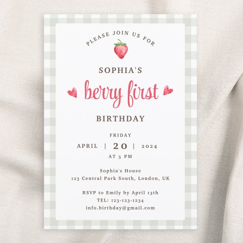 Buffalo Check Girls Berry First Birthday Invitation