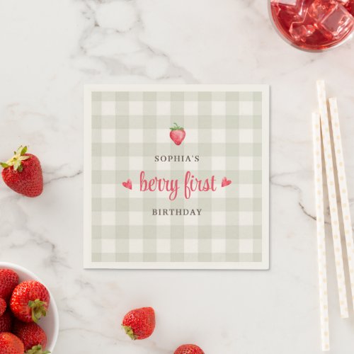 Buffalo Check Girls Berry First Birthday Party Napkins