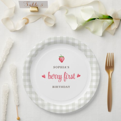 Buffalo Check Girls Berry First Birthday Party Paper Plates