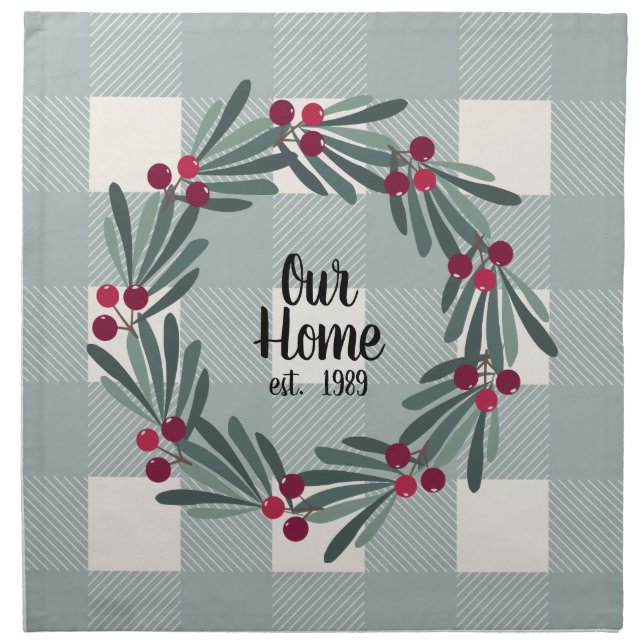 Buffalo Check Green Blue Plaid Stylish Script Date Cloth Napkin (Front)