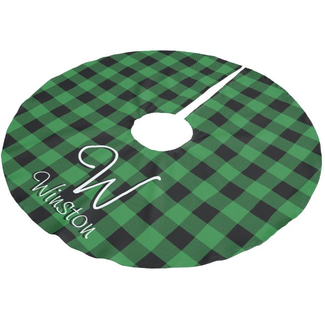 Buffalo Check Green Plaid Monogram Brushed Polyest Brushed Polyester Tree Skirt (Angled)
