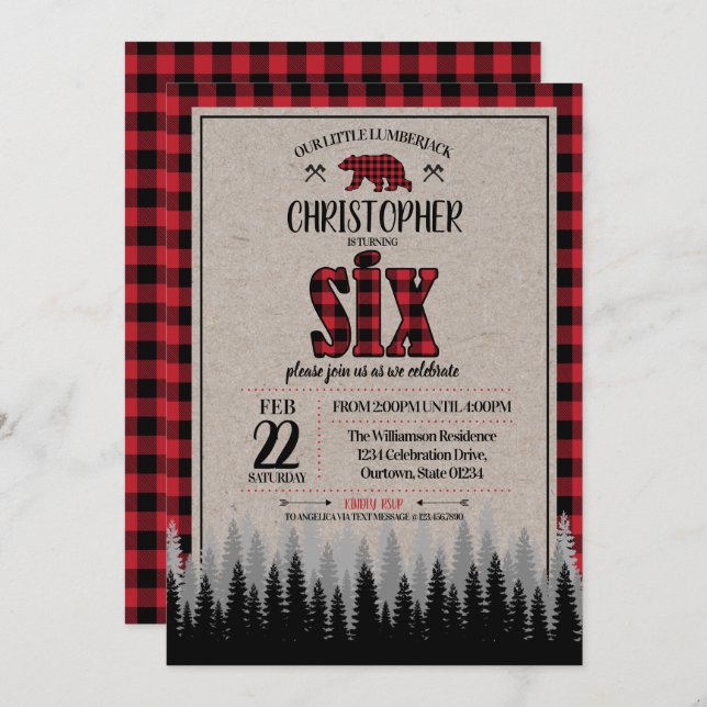 Buffalo Check Lumberjack Boy's 6th Birthday Invitation (Front/Back)