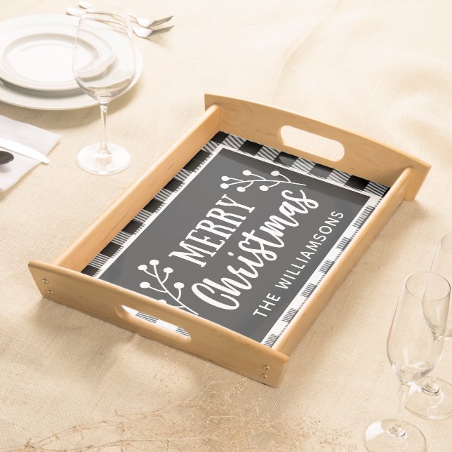 Buffalo Check Merry Christmas Farmhouse Script  Serving Tray (Front)