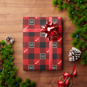 Buffalo Check Monogram & Name Black Red White Wrapping Paper