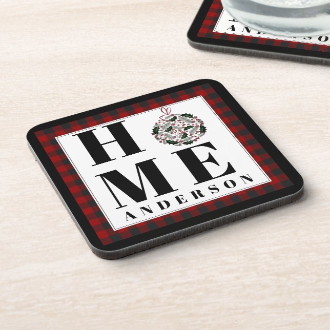 Buffalo check ornament "Home" personalized Beverage Coaster (Left Side)