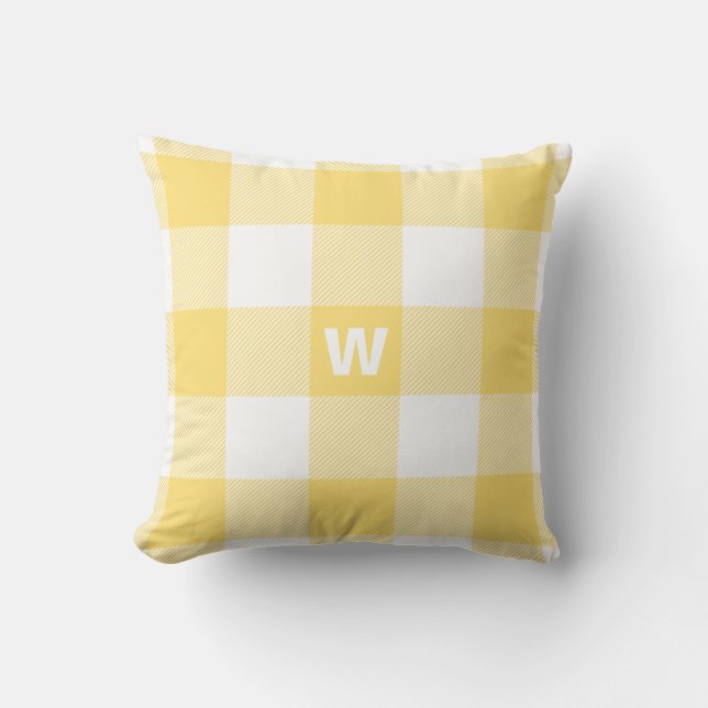 Buffalo Check Pastel Yellow Monogram Throw Pillow (Front)