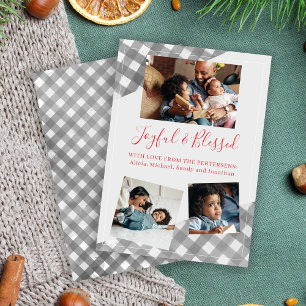 Buffalo check plaid 3 photo collage joyful family holiday card