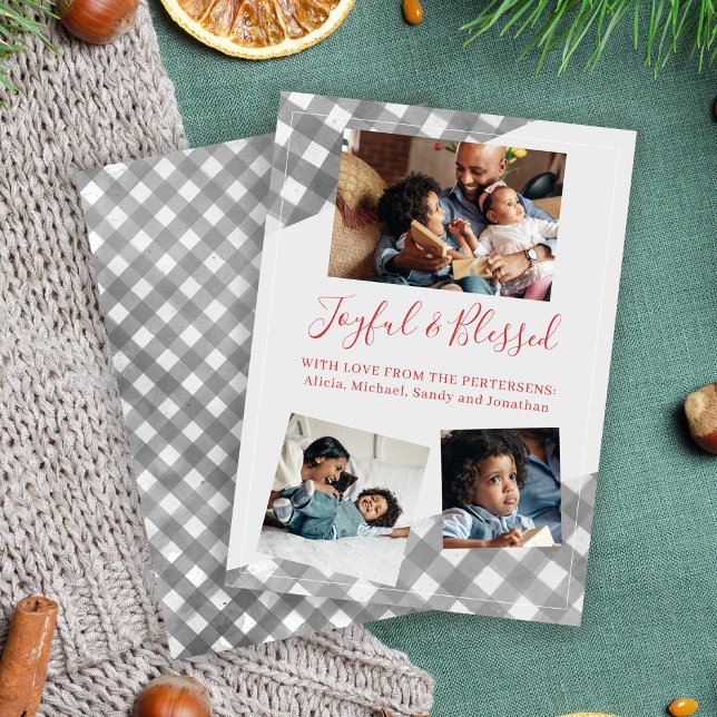 Buffalo check plaid 3 photo collage joyful family holiday card (Creator Uploaded)