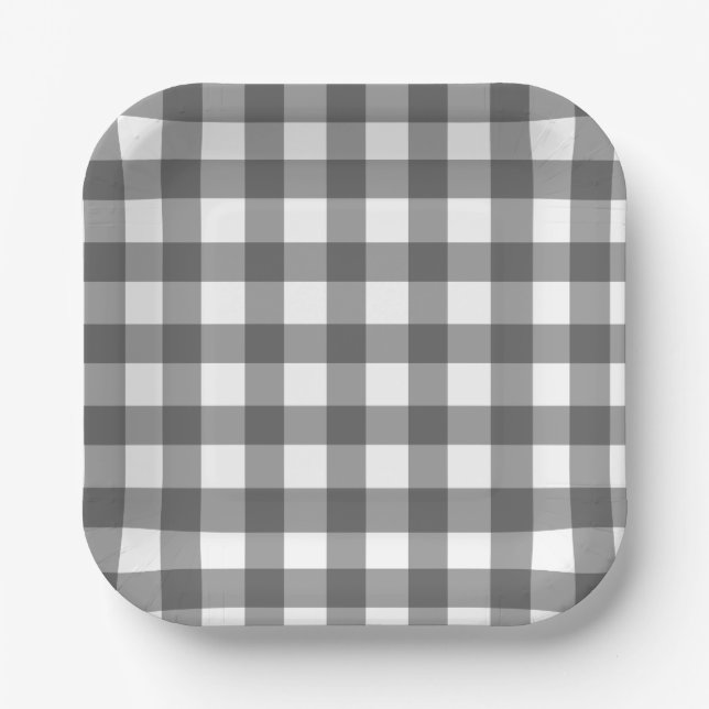 Buffalo Check Plaid Black and White Paper Plates (Front)