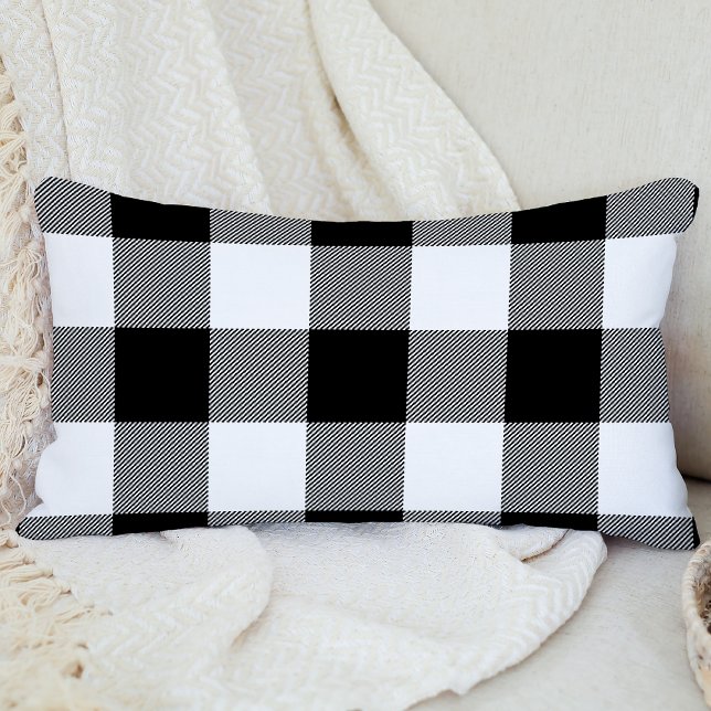 Buffalo Check Plaid Black and White Rustic Lumbar Pillow (Creator Uploaded)