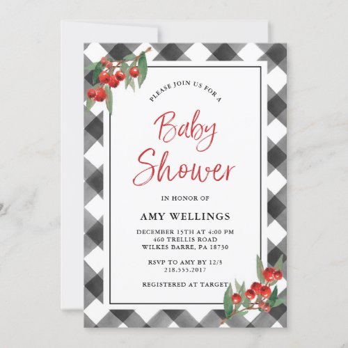 Buffalo Check Plaid Black White Custom Baby Shower Invitation