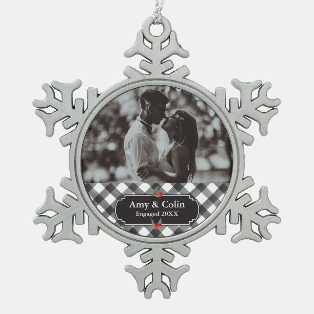Buffalo Check Plaid Black & White Engaged Fiance Snowflake Pewter Christmas Ornament (Front)