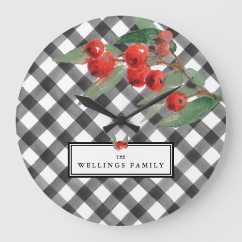 Buffalo Check Plaid Black White Family Name Custom Large Clock