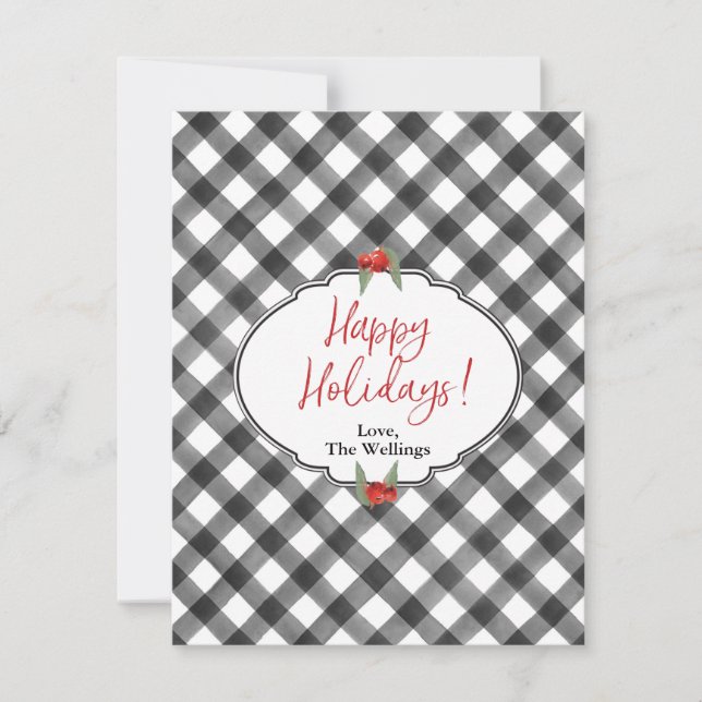Buffalo Check Plaid Black White Flat Personalized Holiday Card (Front)