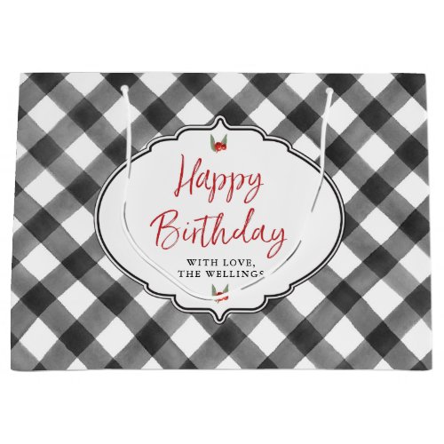 Buffalo Check Plaid Black  White Happy Birthday Large Gift Bag