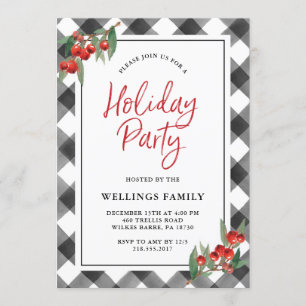 Buffalo Check Plaid Black & White Holiday Party Invitation