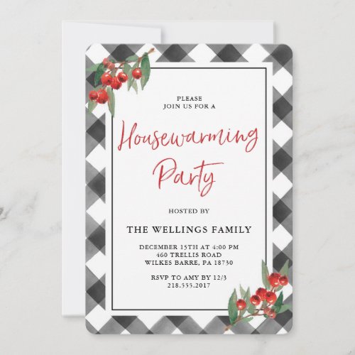 Buffalo Check Plaid Black White Housewarming Party Invitation