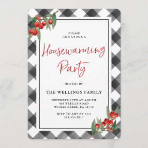 Buffalo Check Plaid Black White Housewarming Party Invitation