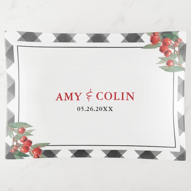 Buffalo Check Plaid Black & White Monogram Jewelry Trinket Tray (Front)