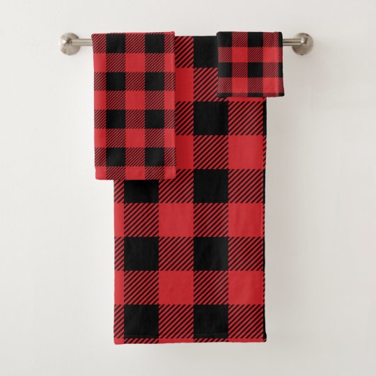 Buffalo check plaid Christmas pattern red black Bath Towel Set