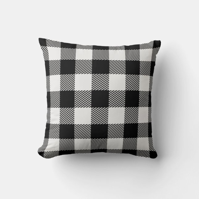 Buffalo Check Plaid Gingham Black and White Throw Pillow (Front)